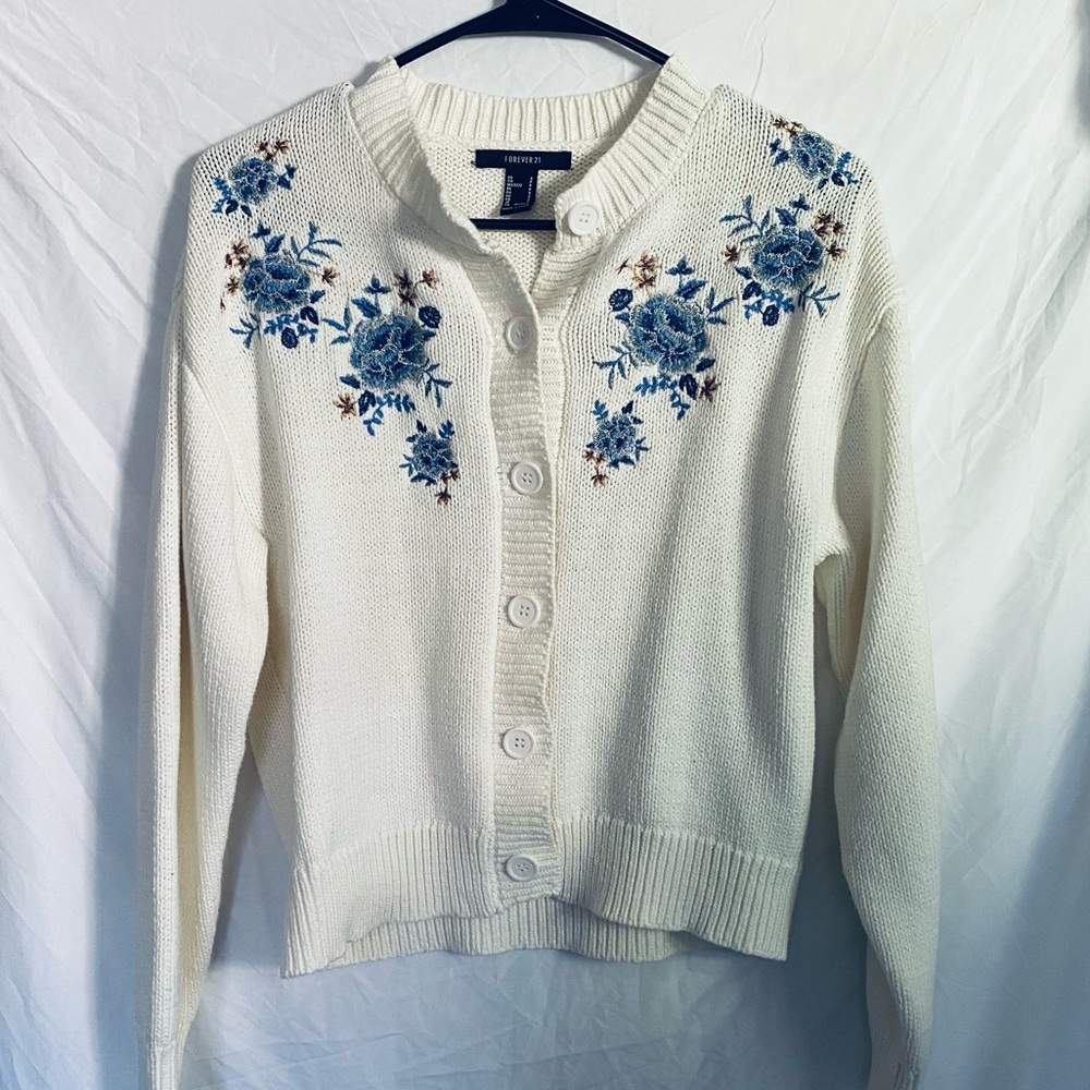 Cream Flower Embroidered Cardigan